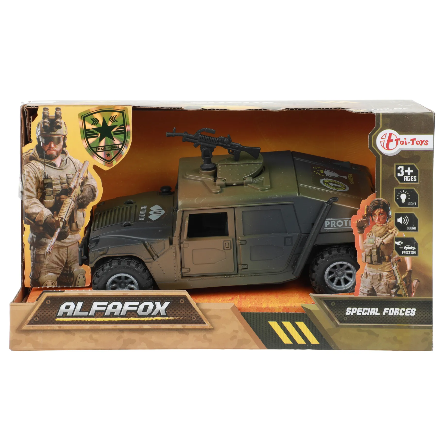Voertuigen|Jongens> Alfafox militair voertuig frictie met licht en geluid 2 assorti