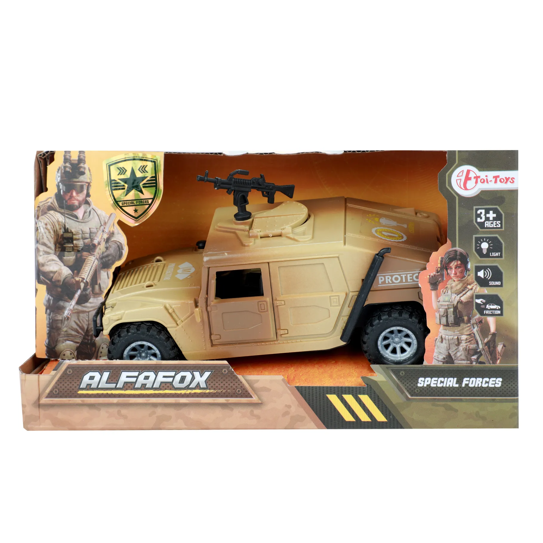 Voertuigen|Jongens> Alfafox militair voertuig frictie met licht en geluid 2 assorti