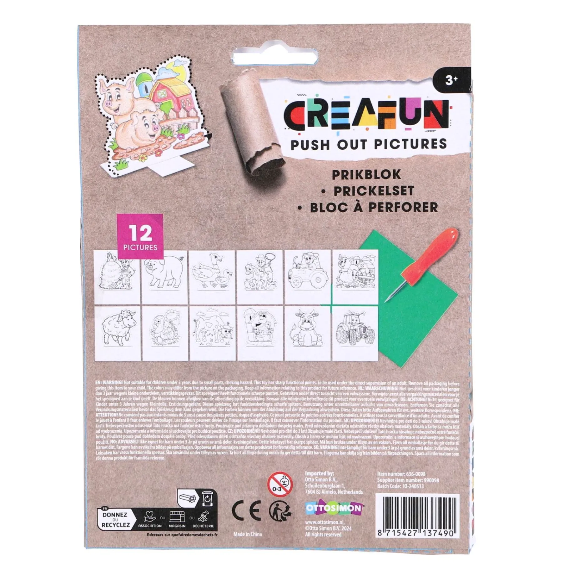 Knutselsets>Creafun prikblok met prikpen en 12 sjablonen boerderij