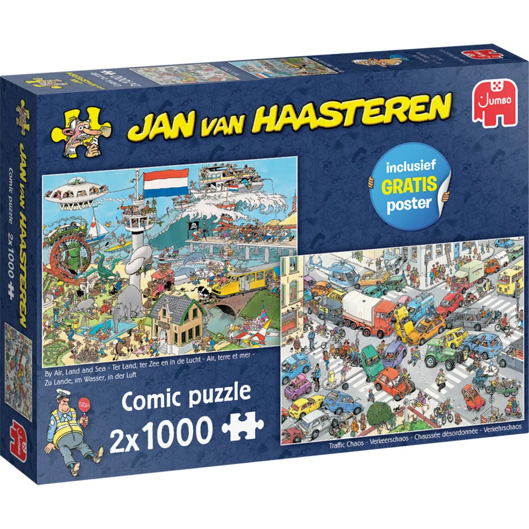 Legpuzzels>Jumbo Puzzel Jan Van Haasteren Verkeerschaos En Ter Land Ter Zee En In De Lucht 2x 1000 Stukjes