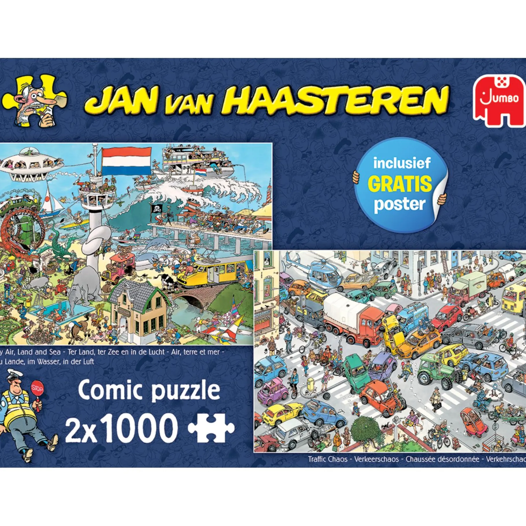 Legpuzzels>Jumbo Puzzel Jan Van Haasteren Verkeerschaos En Ter Land Ter Zee En In De Lucht 2x 1000 Stukjes