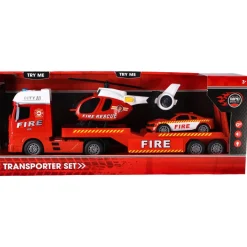 Auto's|Jongens>Rapid Wheels Autotransporter brandweer met auto en helikopter met licht en geluid en frictie