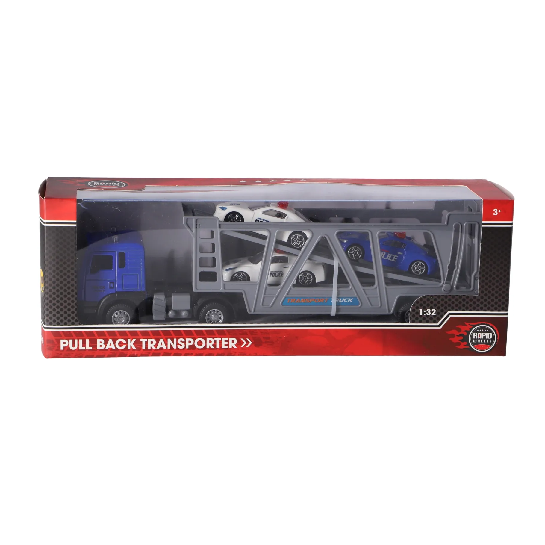 Voertuigen>Rapid Wheels vrachtwagen pull back diecast met 3 auto's