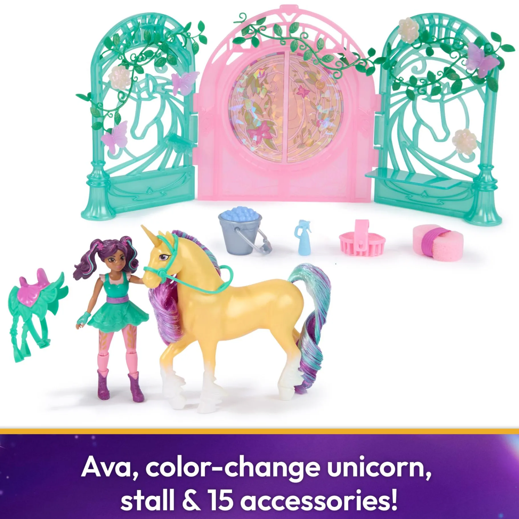 Speelfiguren|Meisjes>Spinmaster Unicorn Academy Pop Ava & Unicorn Leaf Stal Set